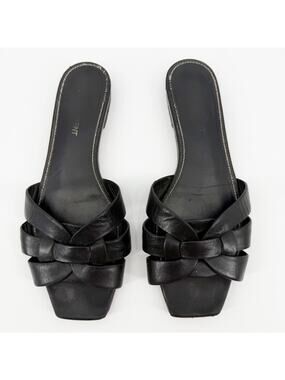 Saint Laurent Tribute Flat Woven Leather Sandals Black Slides Mules 37.5 US 7